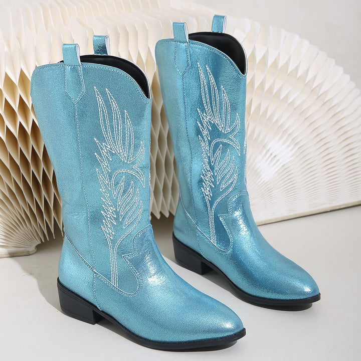 Damen Cowgirl-Kniehoher Stiefel mit dekorativer Stickerei, Pull‑Tabs und komfortablem Blockabsatz Echo Archiv
