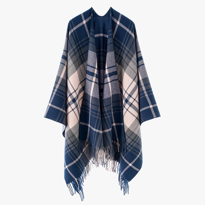 Damen Cape‑Poncho im Oversize‑Deckenstil mit tartanartigem Karomuster und Fransensaum – Avérine