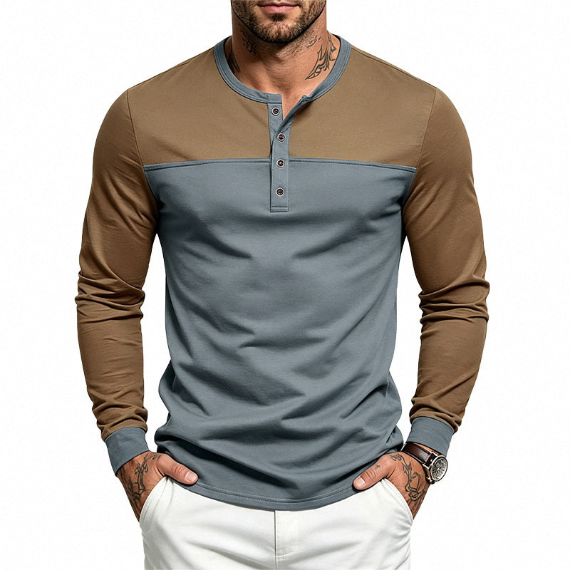 Herren Slim-Fit Henley-Langarmshirt mit Kontrastpaneel und Metallknopfleiste – Arvello