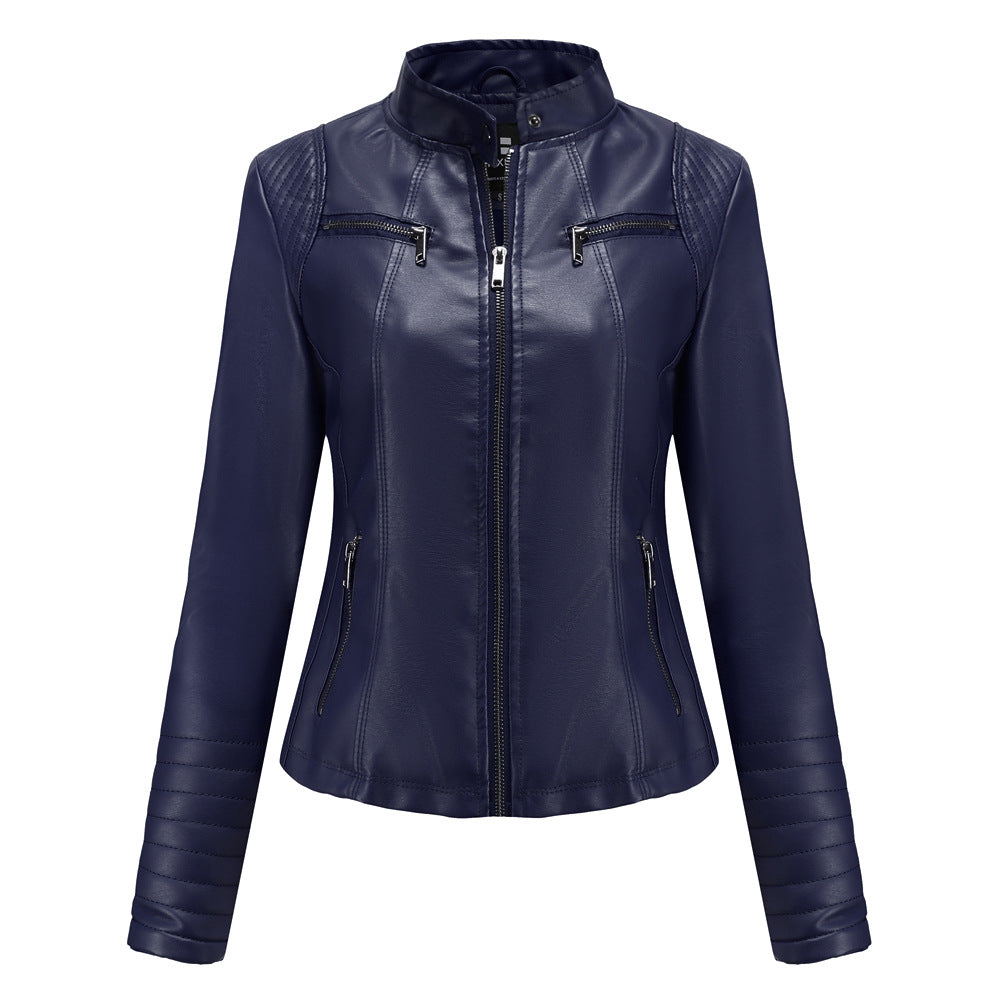 Damen nan taillierte Bikerjacke aus Kunstleder mit Stehkragen und gesteppter Ärmelpartie Echo Archiv
