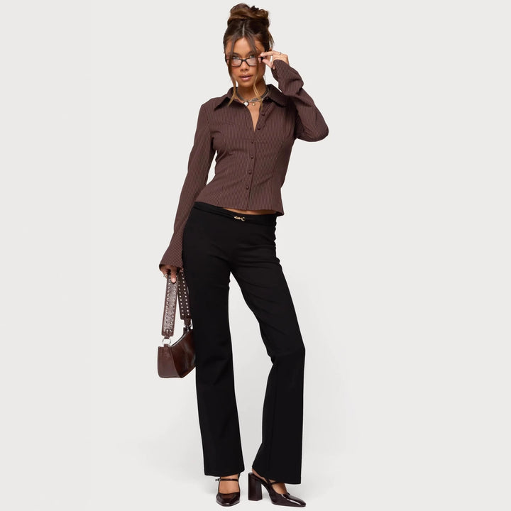 Damen Ripp-Optik Bluse mit elegantem Kragen und schmalem Schnitt Echo Archiv