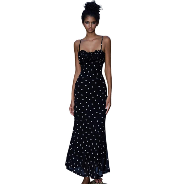 Damen Figurformendes Maxikleid mit elastischen Trägern und raffiniertem Punkte-Design Echo Archiv