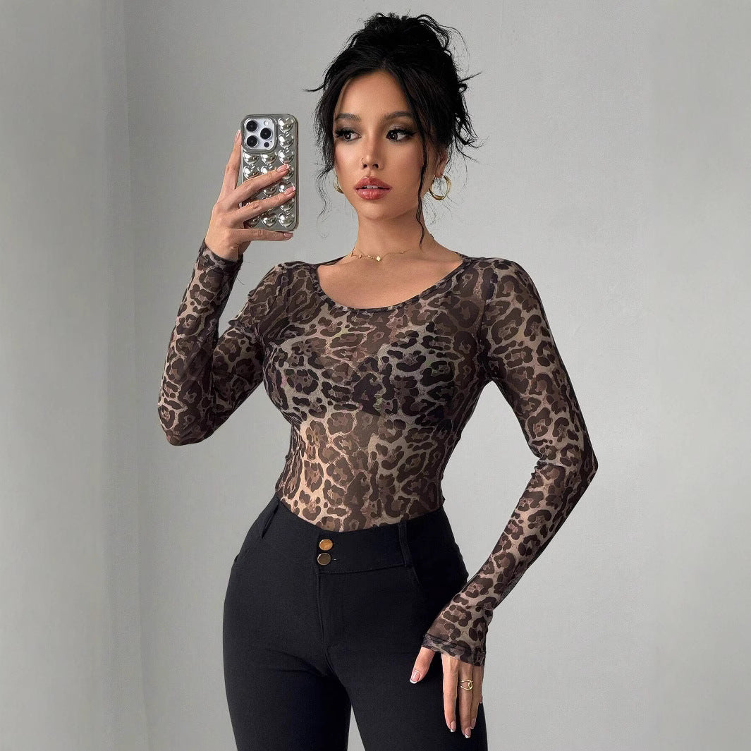 Damen nan eng anliegendes semitransparentes Meshshirt mit Leopardenmuster und Rundhalsausschnitt Echo Archiv