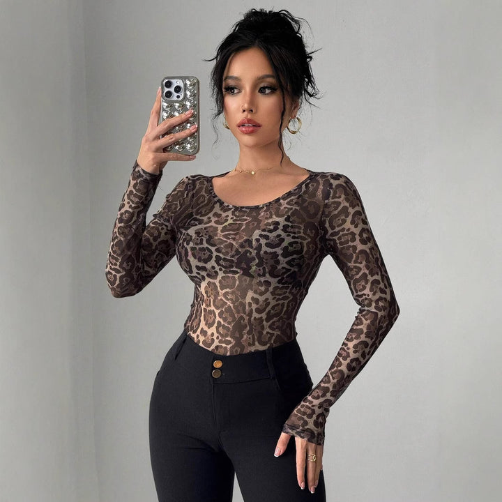 Damen nan eng anliegendes semitransparentes Meshshirt mit Leopardenmuster und Rundhalsausschnitt Echo Archiv