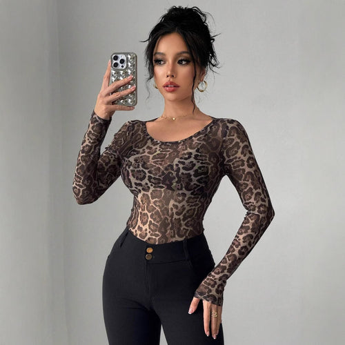 Damen nan eng anliegendes semitransparentes Meshshirt mit Leopardenmuster und Rundhalsausschnitt Echo Archiv