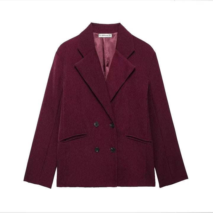 Damen kastiger Doppelreiher Blazerjacke mit überschnittener Schulter, Reverskragen und gefütterten Innennähten – Valéne