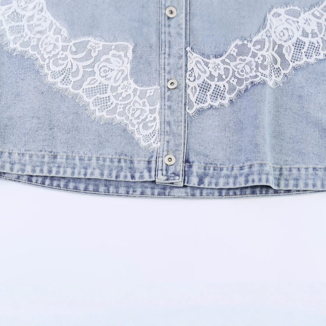 Damen Kurz geschnittene Jeansjacke mit Spitzenapplikation und Oversize-Kimonärmeln Echo Archiv