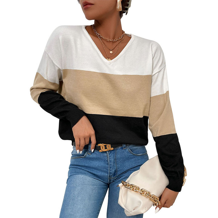 Damen Eleganter V‑Ausschnitt Feinstrickpullover mit breiten Blockstreifen Echoarchiv