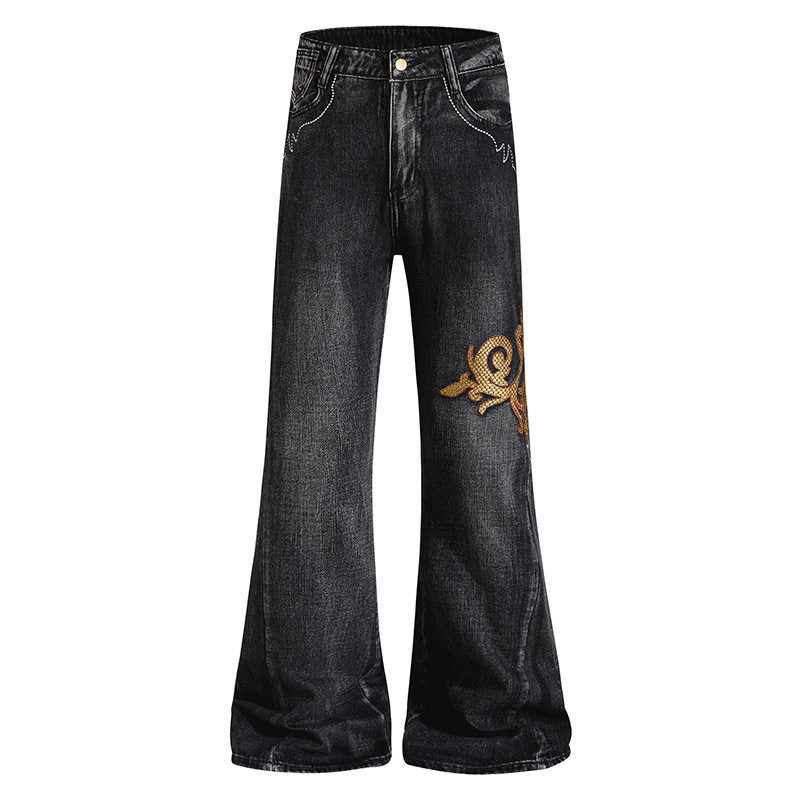Damen Weite High‑Waist Schlaghose aus Denim mit barocker Stickerei Echoarchiv