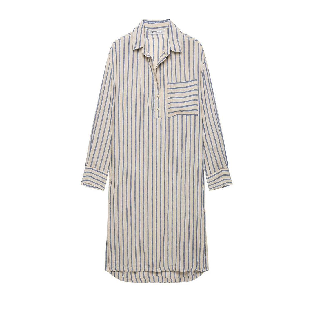 Damen Langes Hemdblusenkleid im Leinenlook mit Streifenmuster und Seitenschlitzen Echoarchiv