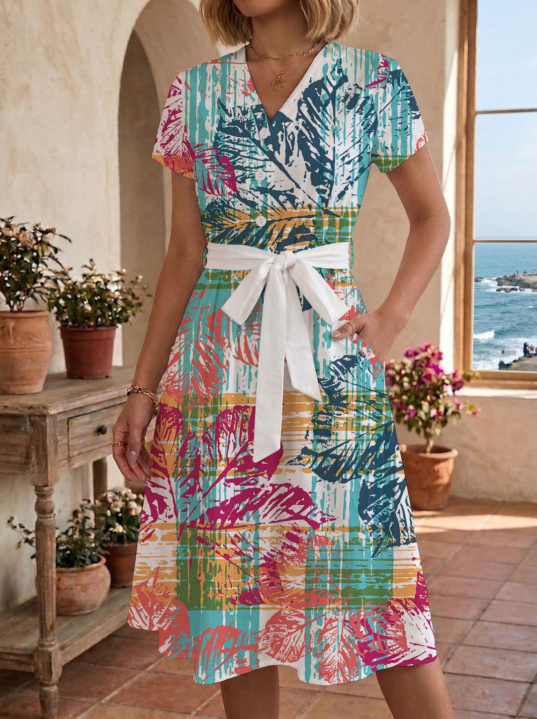 Damen lässiges Maxikleid mit taillierbarem Knoten und dekorativem Karomuster Echo Archiv
