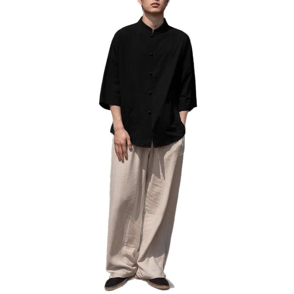 Herren Oversize Hemd im Kimono-Stil aus Leinen-Baumwollmix mit Stehkragen Echoarchiv