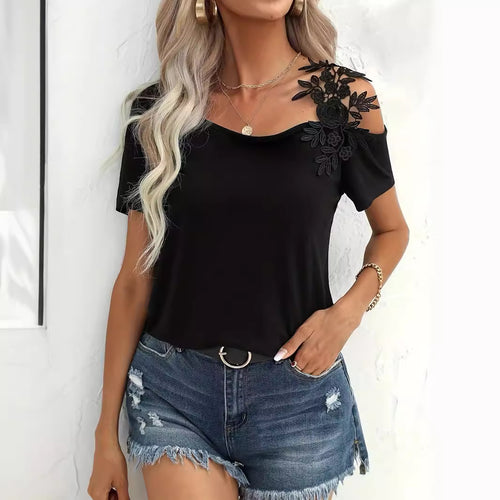 Damen nan schulterfreies Jerseyshirt mit floraler Spitzenapplikation und lockerer Passform Echo Archiv