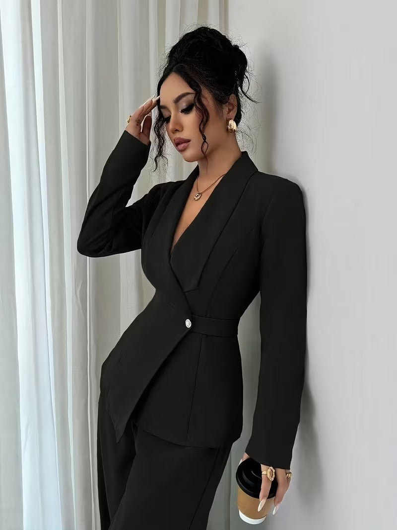 Damen taillierter Businessblazer mit Schalkragen, Gürtelbund und Ein-Knopf-Verschluss – Valéne