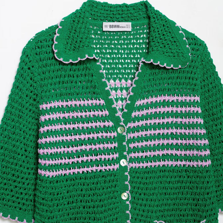 Damen Häkelstrickjacke mit kurzem Arm, Knopfleiste und Vintage-Kragen Echo Archiv