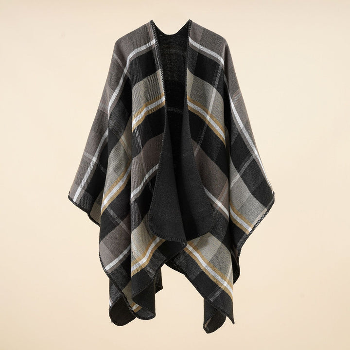 Damen Oversize-Rechteckponcho im Cape-Look mit Kettelsaum und Karomuster Echo Archiv