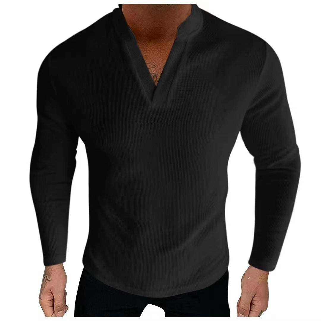 Herren Langarm-Henley-Shirt aus strukturiertem Baumwollstoff mit modernem V-Ausschnitt Echoarchiv
