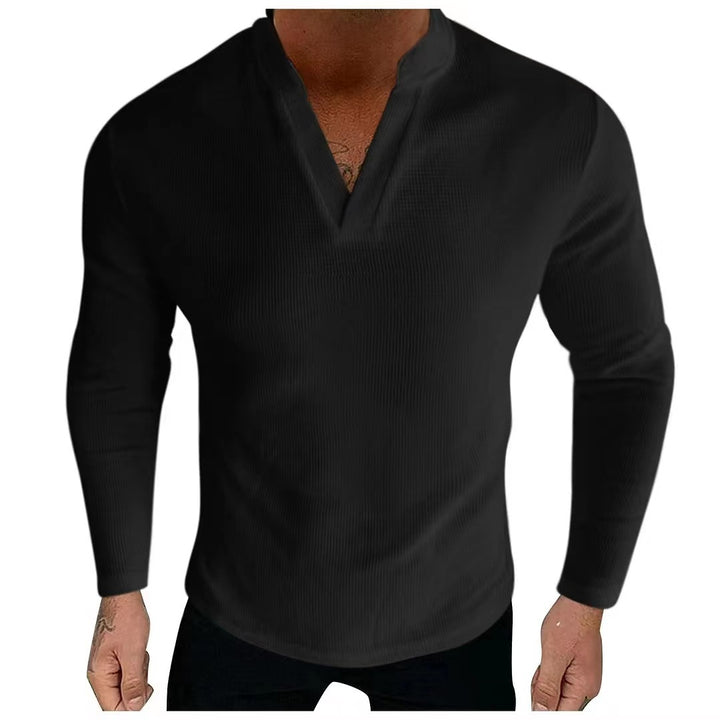 Herren Langarm-Henley-Shirt aus strukturiertem Baumwollstoff mit modernem V-Ausschnitt Echoarchiv