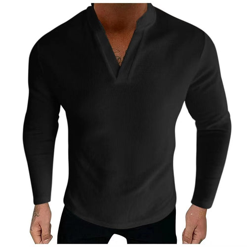 Herren Langarm-Henley-Shirt aus strukturiertem Baumwollstoff mit modernem V-Ausschnitt Echoarchiv