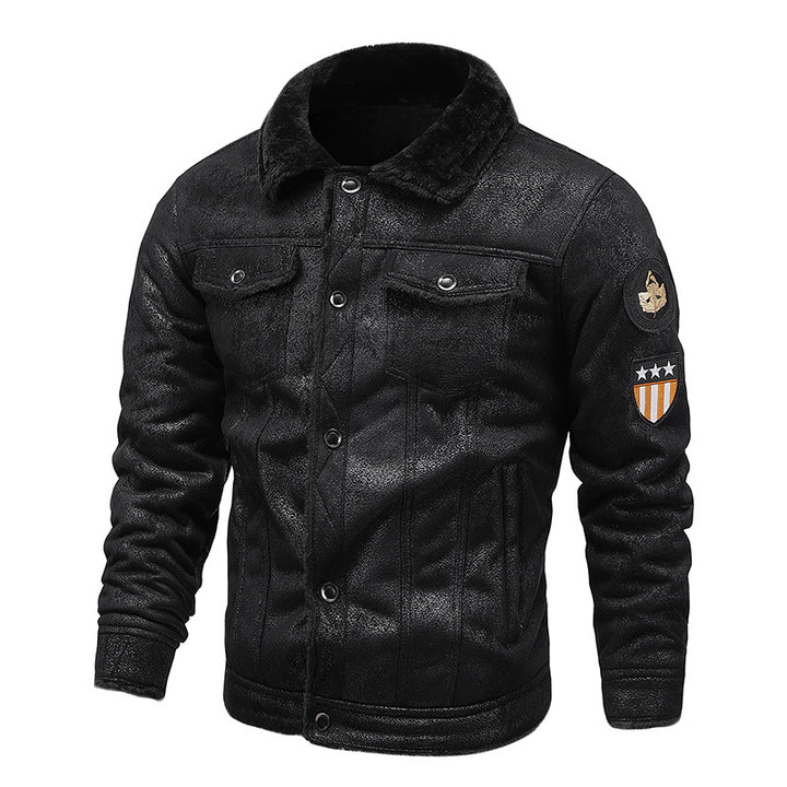 Herren Fliegerjacke aus Kunstleder mit Teddyfell-Futter und Aufnäher Echoarchiv