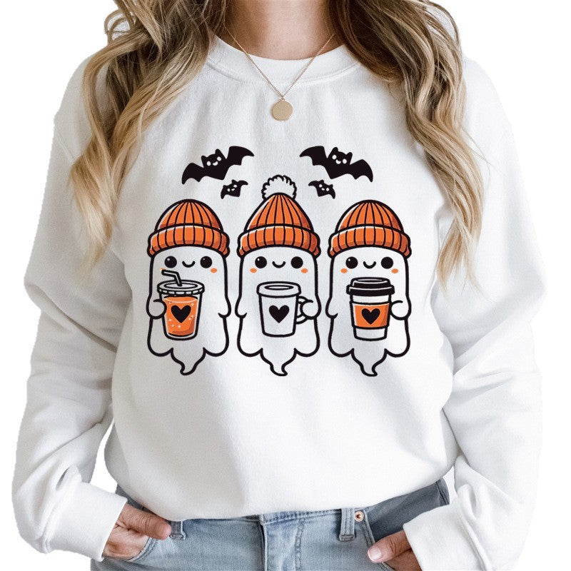 Damen nan gemütlicher Halloween Grafikpullover mit niedlichen Geist-Motiven, Rundhalsausschnitt und weichem Baumwollmix Echo Archiv