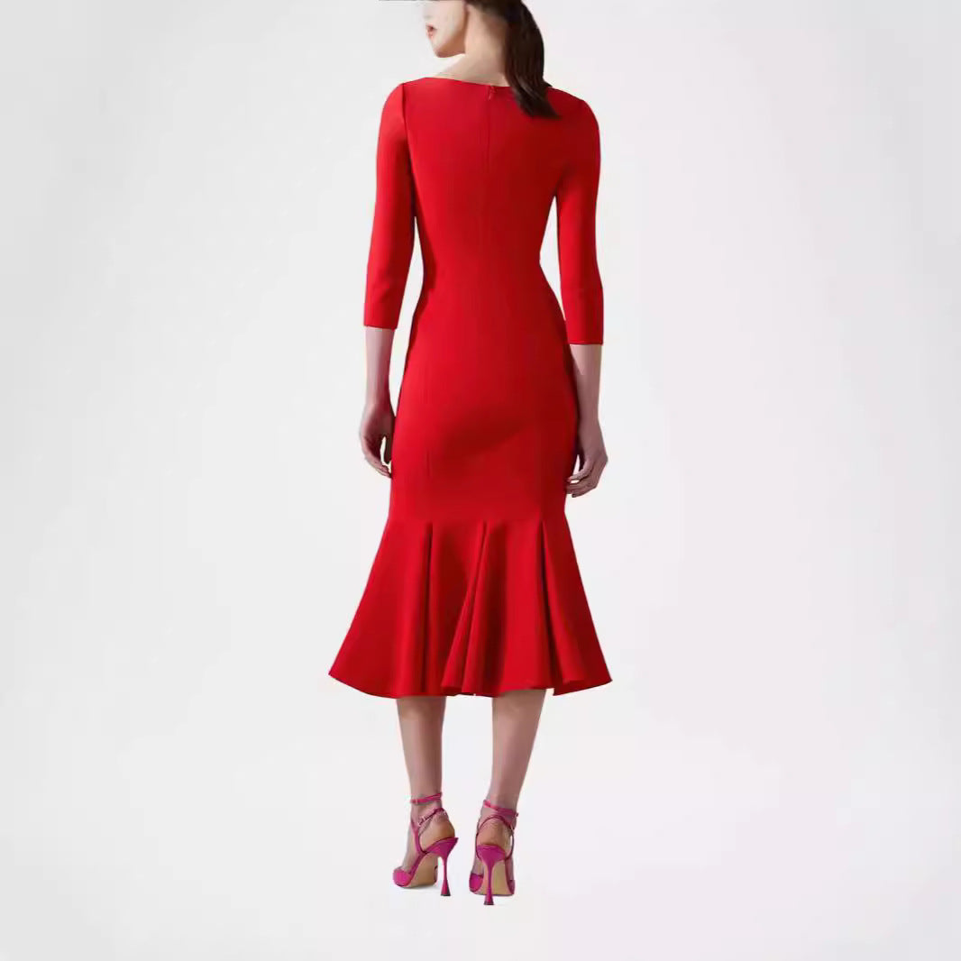 Damen Figurbetontes Midikleid mit quadratischem Ausschnitt und Meerjungfrauen-Saum Echoarchiv