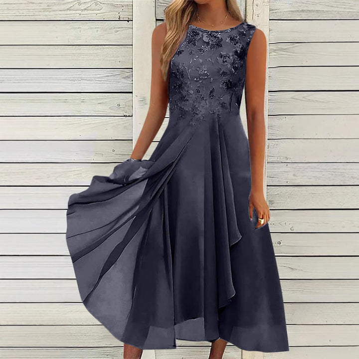 Damen nan ärmelloses Chiffon-Midikleid mit bestickter Brustpartie und asymmetrischem Lagenrock Echoarchiv