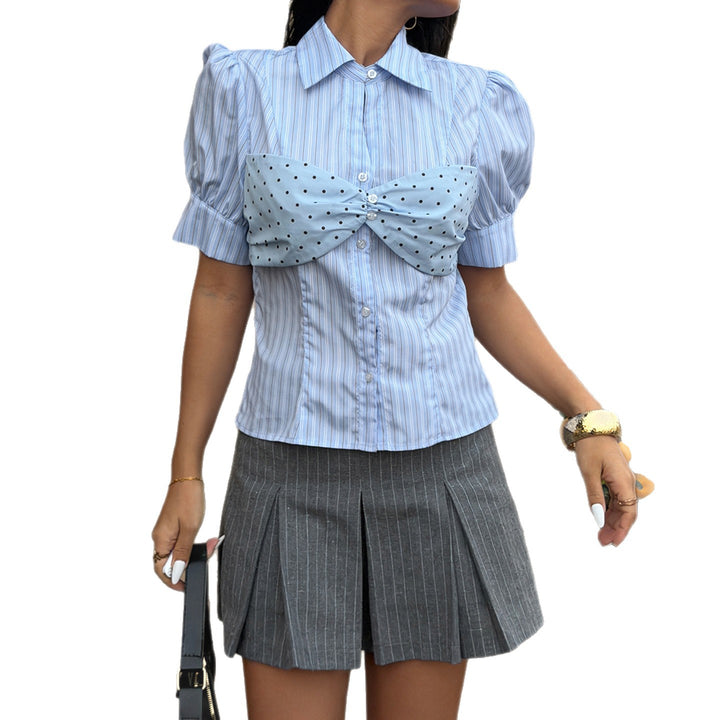 Damen Stylische gestreifte Bluse mit Rüschendetail und Punktenmuster Echo Archiv