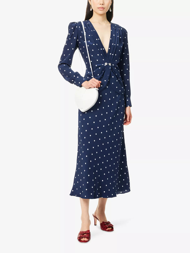 Damen Elegantes Polka-Dot Maxikleid mit tiefem V-Ausschnitt Echo Archiv