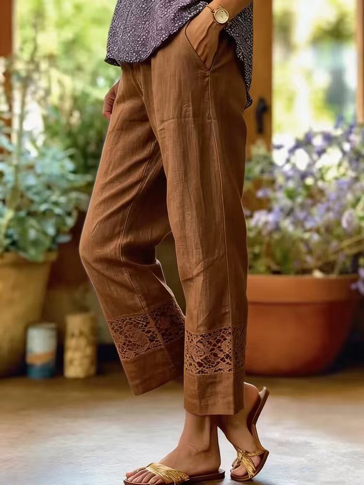 Damen Leinenoptik Culotte-Hose mit Spitzeinsatz am Saum und seitlichen Eingrifftaschen – Avélisse