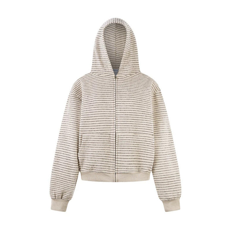 Damen Kurz geschnittene Kapuzen‑Zipjacke mit horizontalem Streifenrelief und elastischem Bund Echoarchiv