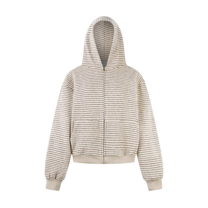 Damen Kurz geschnittene Kapuzen‑Zipjacke mit horizontalem Streifenrelief und elastischem Bund Echoarchiv