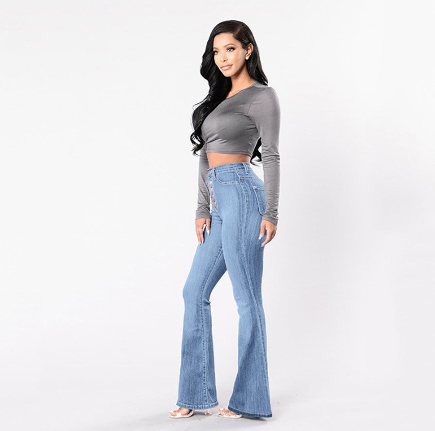 Damen nan hochgeschnittene Bootcut-Jeans mit sichtbarer Knopfleiste, figurformendem Stretch und schlankem Oberschenkel Echo Archiv