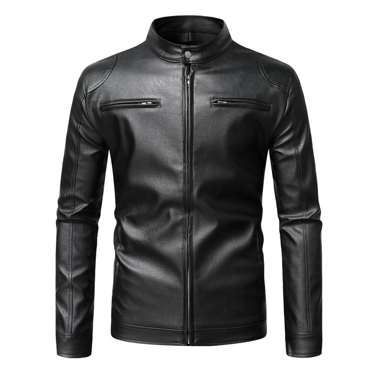Herren Schmale Lederjacke im Urban-Bikerstil mit Stehkragen und Brust-Reißverschlusstaschen Echo Archiv