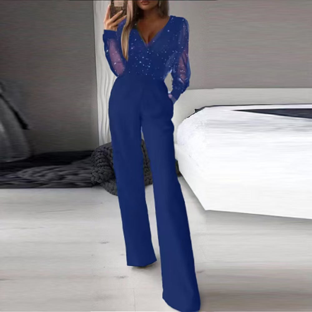 Damen Eleganter Jumpsuit mit transparenten Ärmeln und funkelnden Details Echo Archiv