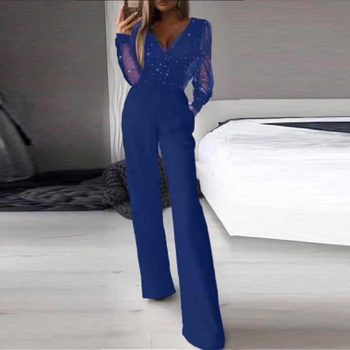 Damen Eleganter Jumpsuit mit transparenten Ärmeln und funkelnden Details Echo Archiv