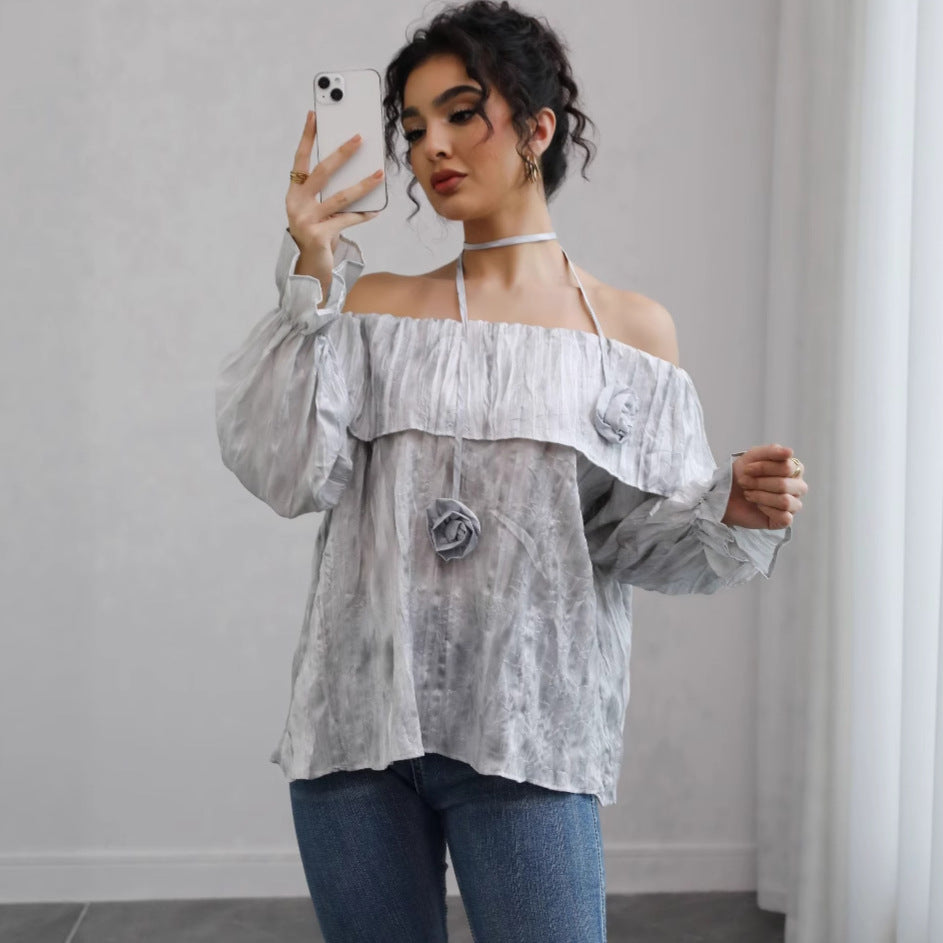 Damen Schulterfreies Crinkle-Blusentop mit Volant, Ballonärmeln und Choker – Élovi