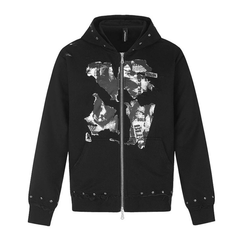 Damen Kapuzen-Sweatjacke mit zweiseitigem Reißverschluss, ausgefranstem Saum, Nietenbesatz und Collage-Print Echoarchiv