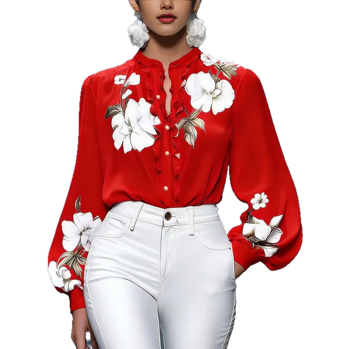 Damen Seidenbluse mit Rüschenblende und floraler Applikation – Élovi