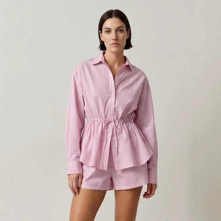 Damen Gestreiftes Loungewear-Set aus Leichtbaumwolle mit Kordel-Taille & Shorts Echoarchiv