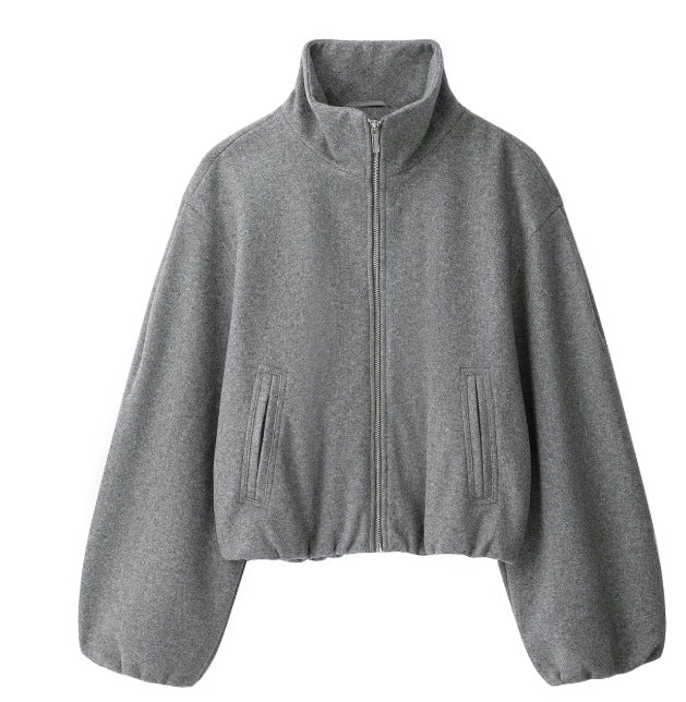 Damen Kurz geschnittene Wollmix-Jacke mit Stehkragen, Reißverschluss und Ballonärmeln Echo Archiv