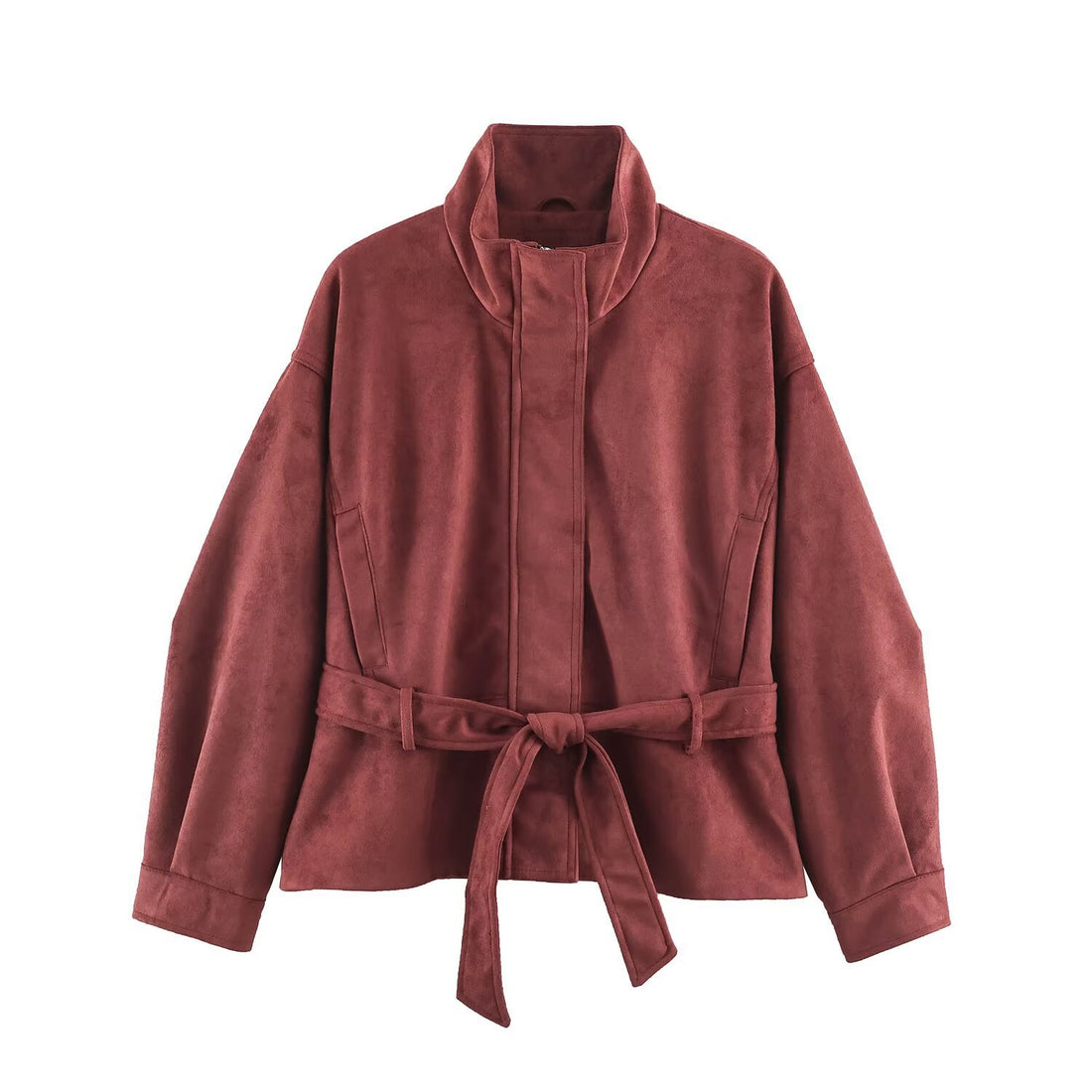 Damen Kurzjacke in Velours‑Optik mit hohem Funnelkragen, verdecktem Verschluss und Taillenbindegürtel Echoarchiv