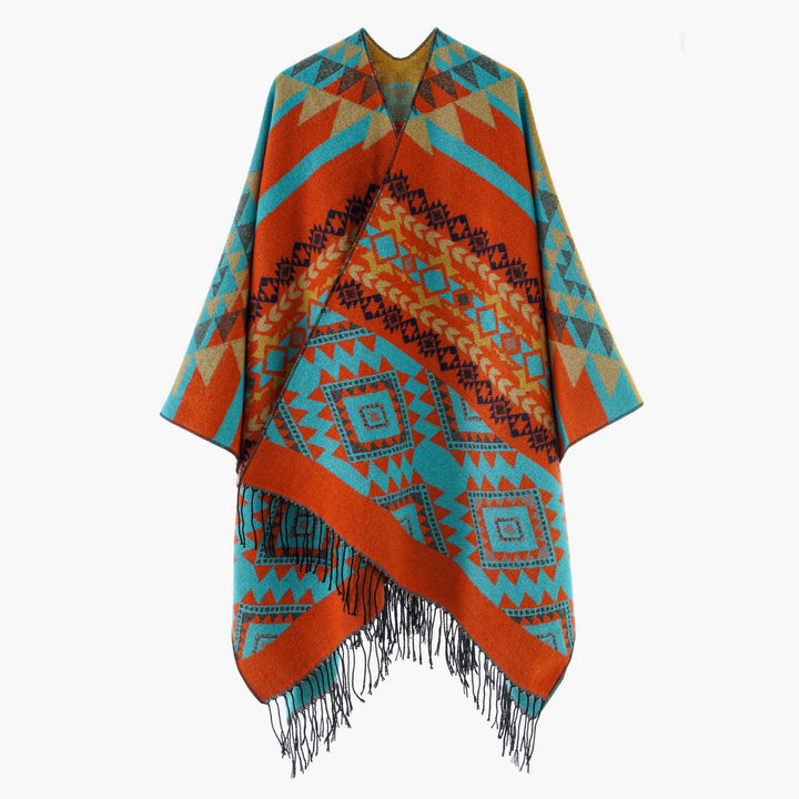Damen Oversize Jacquard‑Cape im Ethno‑Jacquard mit Fransen – Avérine