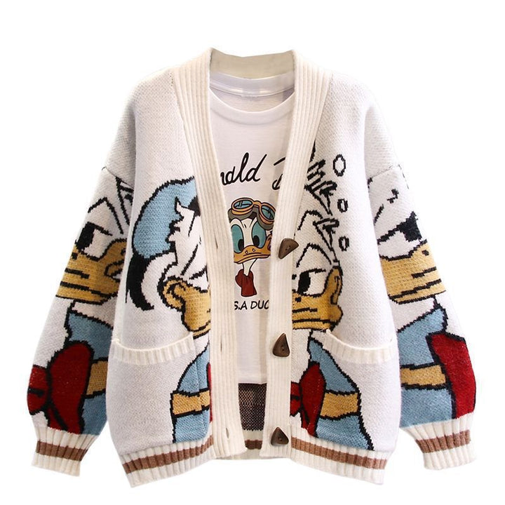 Damen Cartoon-Design Strickjacke mit breiten Ärmeln und Taschen Echoarchiv