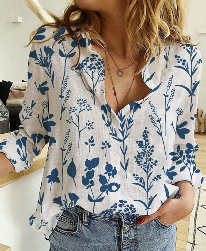 Damen nan lockere Leinenoptik-Bluse mit V-Ausschnitt botanischem Alloverprint und Dreiviertelärmeln Echo Archiv