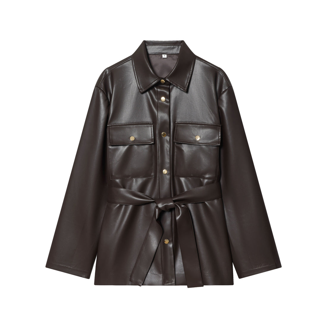 Damen taillierte Kunstleder-Hemdjacke mit Bindegürtel und Pattentaschen – Célinea