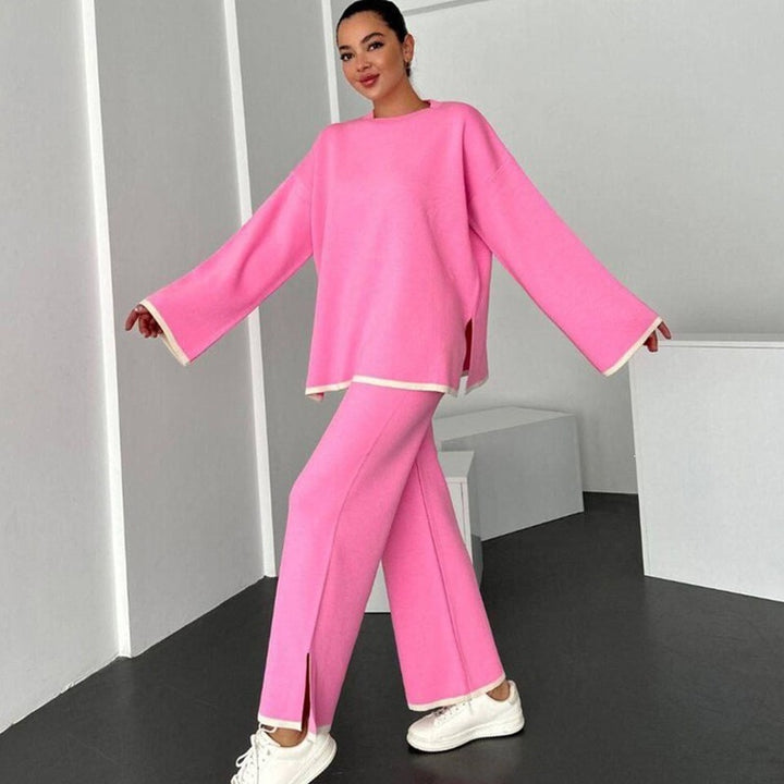 Damen Lässiges Strick-Relax-Set mit weitem Oversize-Pullover und ausgestellter Schlaghose Echoarchiv