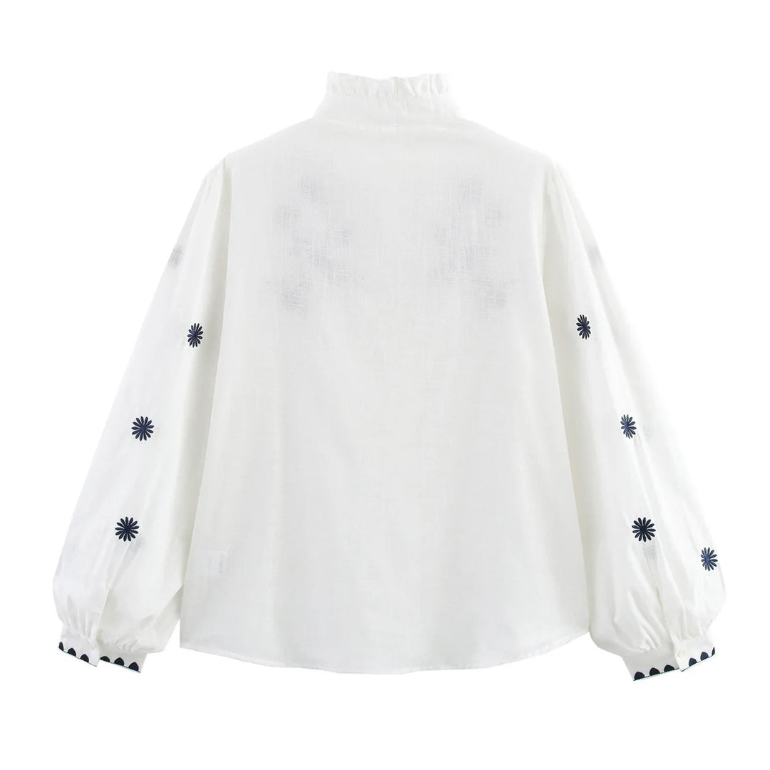 Damen nan bestickte Bluse mit Volumenärmeln und Rüschenstehkragen Echo Archiv