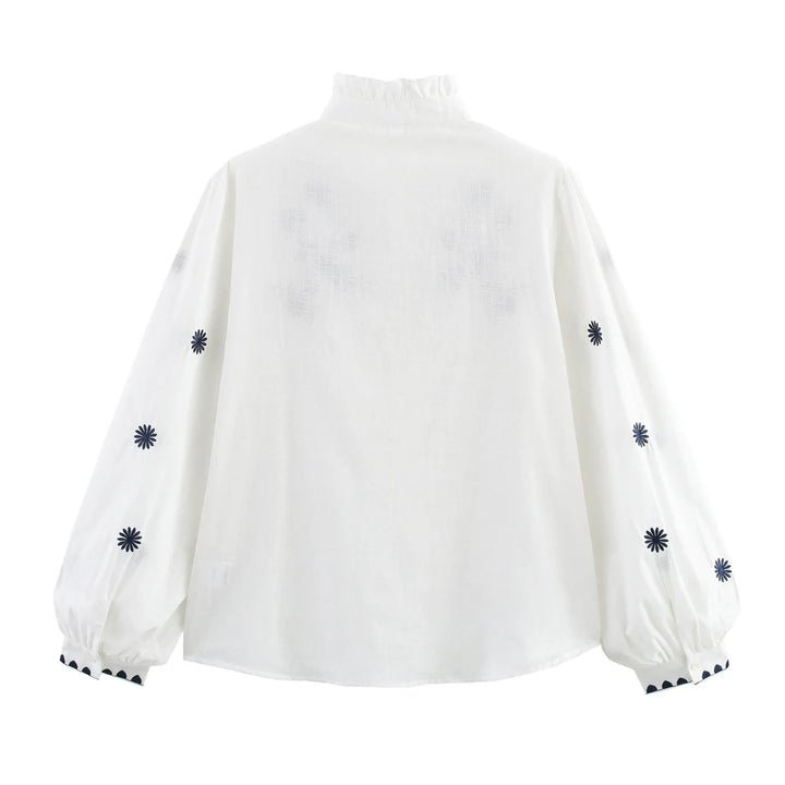 Damen nan bestickte Bluse mit Volumenärmeln und Rüschenstehkragen Echo Archiv
