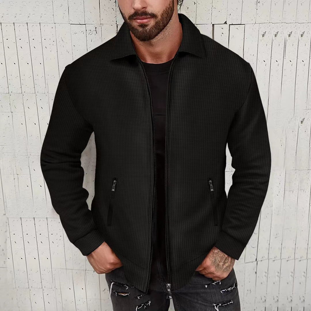 Herren minimalistische Stehkragen-Feinstrick-Übergangsjacke mit Zwei-Wege-Reißverschluss und verdeckten Reißverschlusstaschen – Taviero